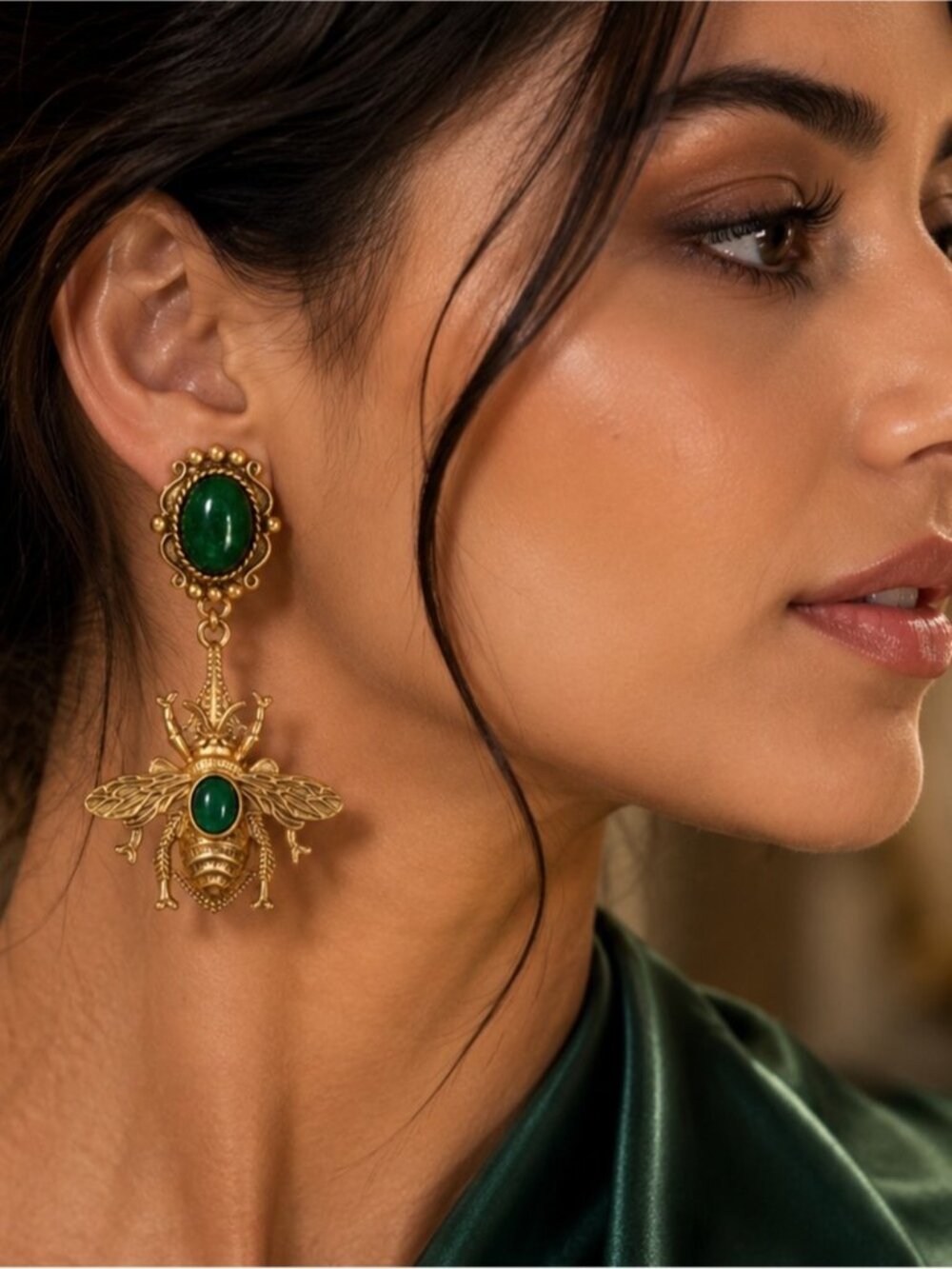 Vintage Gold Bee Drop Earrings with Green Stones